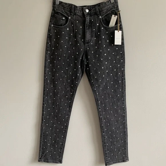 Pilcro Ultra High Rise beaded Straight Leg Jeans Crystal studs